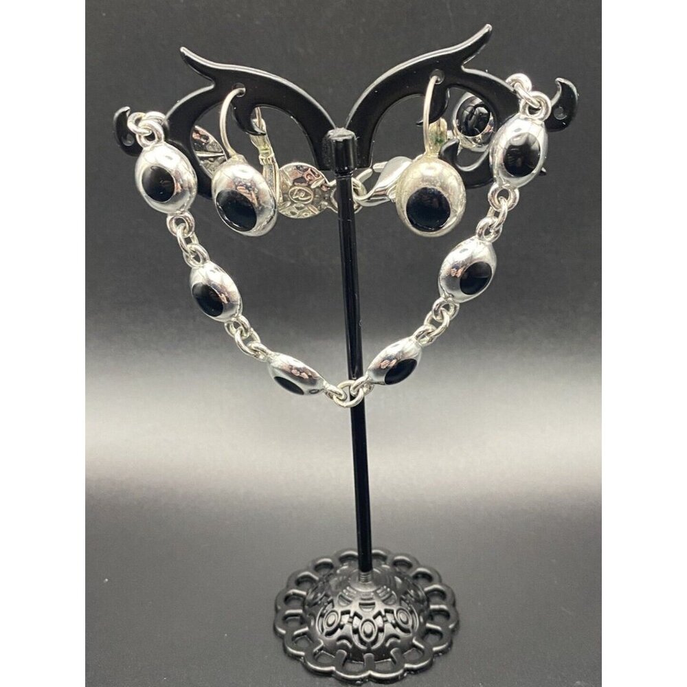 Vintage Bracelet Pierced Earrings Signed Liz Claiborne Silver Tone Black Accents - Picture 2 of 9